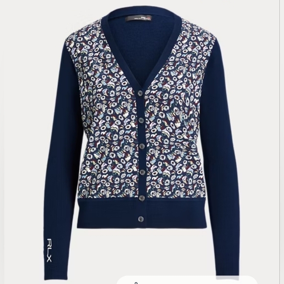 Ralph Lauren Floral Woven-Front Wool-Blend Cardigan - Picture 1 of 7